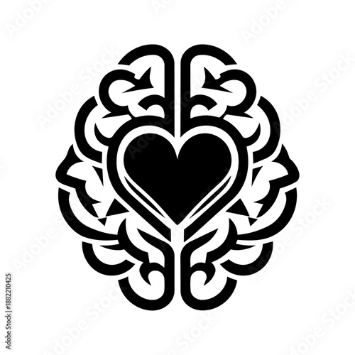 Brain shape with a heart at the center, representing emotional intelligence, mental health, and human connection.

