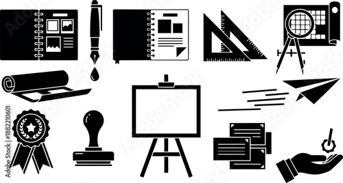 Black and white flat design icons of notebook sketching pen stamp award easel hand compass paper airplane and documents vector set