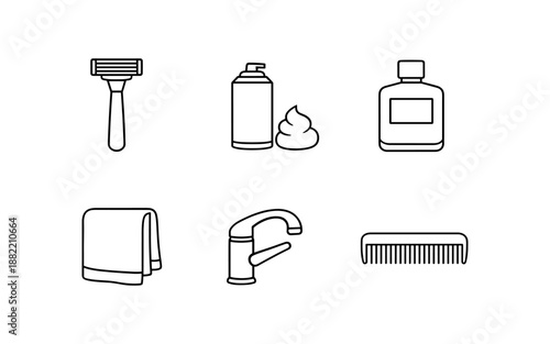 Collection of simple line art icons representing personal hygiene and grooming essentials