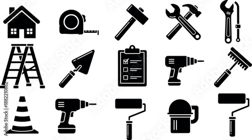 Black silhouette home renovation tool icons set including ladder hammer drill paint roller and measuring tape