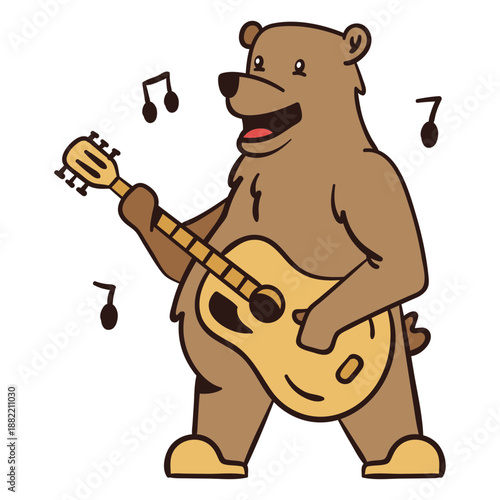 Cute bear guitar player cartoon color stroke