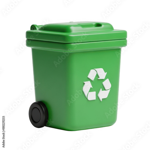 3d rendered green recycling bin with white recycling symbol