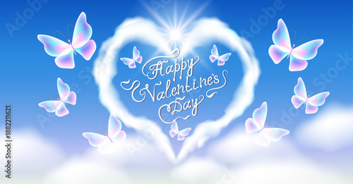 Cloud heart and butterflies in sky with clouds and calligraphic handwritten congratulatory text