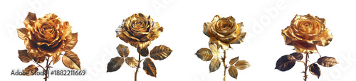 four golden roses displayed in a row showcasing luxury and elegance on transparent background