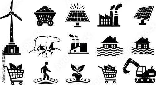 Environmental impact icons including wind turbine pollution factory solar panels flooded house mining cart bear walking vector set
