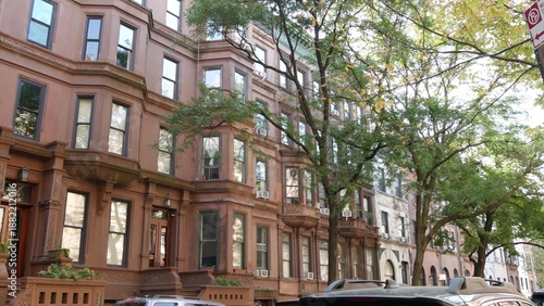 Wallpaper Mural New York City townhouse buildings, brownstone row houses in Manhattan or Brooklyn, United States of America. Classic buildings on residential district street. Real estate property. Rowhouse townhome. Torontodigital.ca