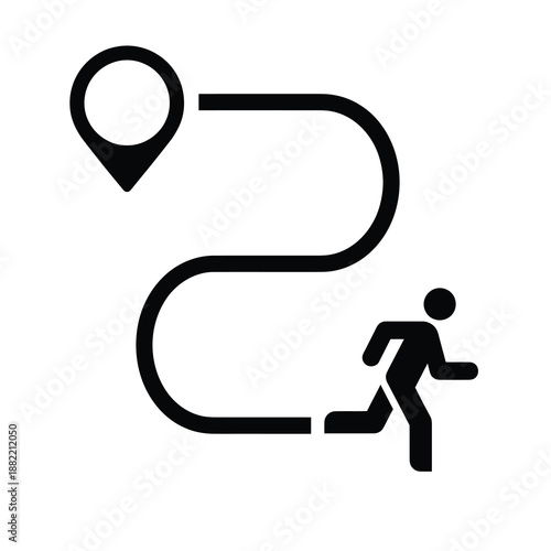 A person running along a winding path towards a location pin icon, symbolizing a journey or tracking progress.