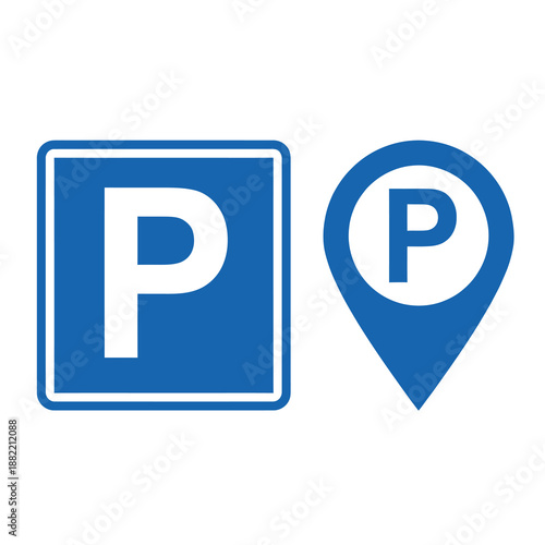 Two blue parking signs, one a square road sign and the other a location pin icon, both featuring a white 'P' symbol.