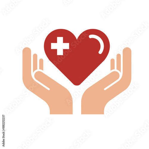 Hands holding a red heart with a white medical cross, symbolizing health, care, and support.