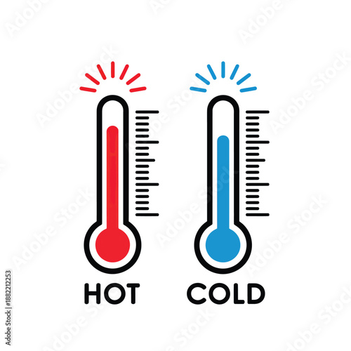 Two cartoon thermometers illustrating hot and cold temperatures with red and blue colors and text.