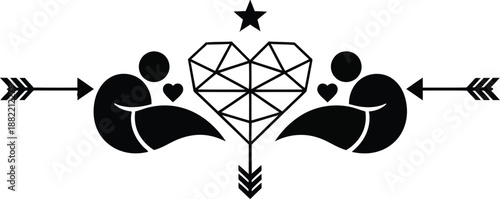 A minimalist black and white illustration of two people with a heart and arrow design