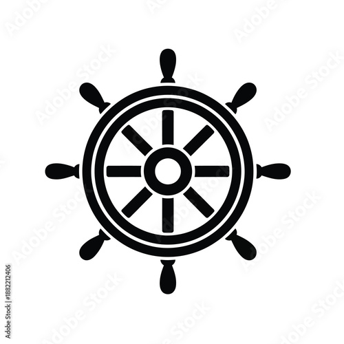 A black silhouette of a classic ship's wheel or helm, featuring eight spokes with handles, set against a plain white background.
