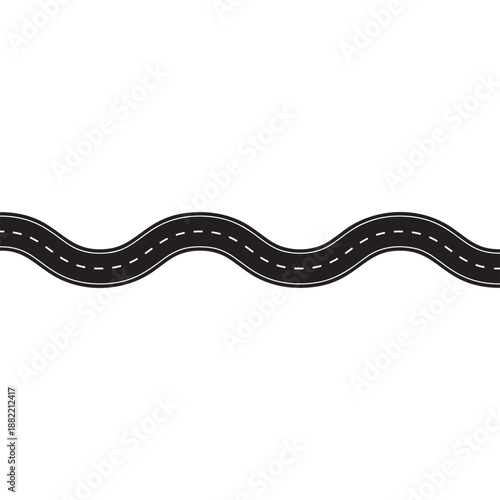 Winding road with curved highway path. Asphalt street design for navigation maps, journey routes and transportation graphics. Vector illustration isolated.