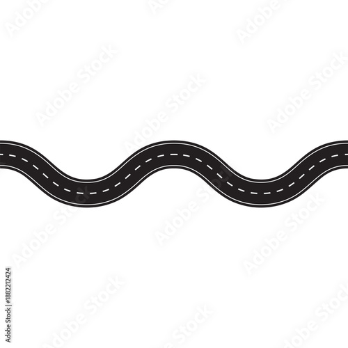 Highway path illustration showing curve asphalt road from top view. Vector street design with curves for travel maps and navigation concepts.