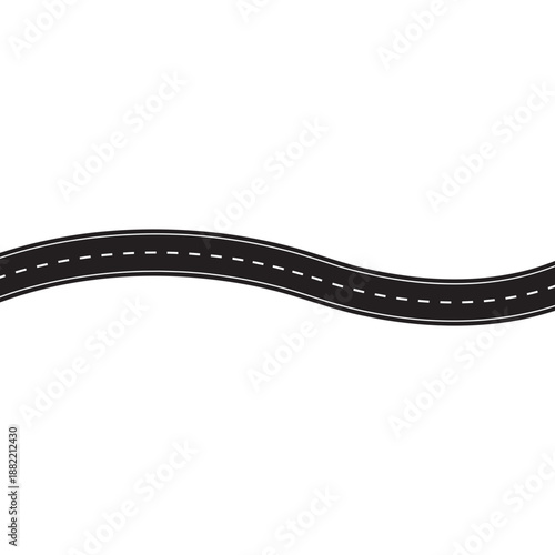 Winding road with curved highway path. Asphalt street design for navigation maps, journey routes and transportation graphics. Vector illustration isolated.