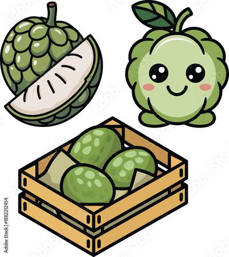 Chirimoya fruit sliced with seeds leaves and basket full set