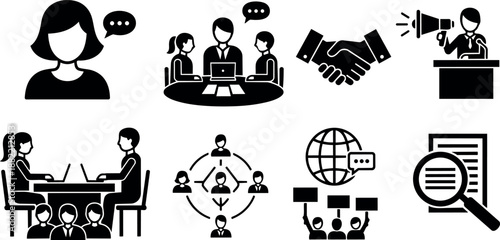 Black silhouettes of people communicating in business meeting handshake speaker icon global discussion and search magnifying glass vector illustration set