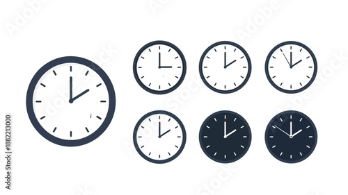 A collection of analog clocks displaying various times set against a plain white background