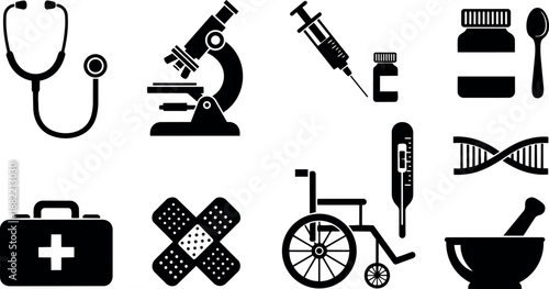 Black silhouette medical icons set including stethoscope microscope syringe wheelchair and dna illustration