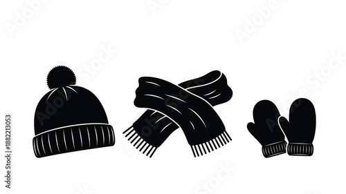 A black and white illustration depicting winter accessories a hat scarf and mittens