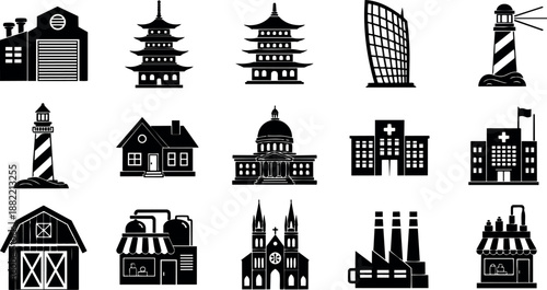 Black silhouette vector icons set of various buildings including lighthouse, hospital, factory, barn, house, church, office, and pagoda architectural shapes