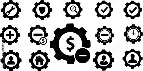 Set of black gear icons with various business and finance symbols including wrench, shield, magnifying glass, check marks, dollar signs, clock, and user profiles
