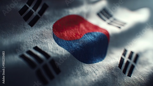 Close-up texture of fabric flag with red and blue central swirl and four trigrams