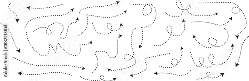 Hand drawn curved pointer symbols. Minimalist sketchy vector navigation signs Unique dashed line pointer icons. Creative hand-drawn directional symbols. Decorative swirl line navigation icons collecti