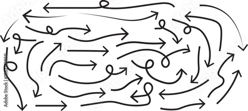 Hand drawn curve dotted line arrow set. Minimalist sketchy vector navigation signs Unique dashed line pointer icons. Creative hand-drawn directional symbols. Artistic doodle arrow collection.
