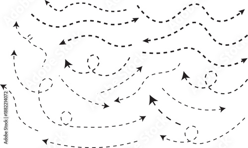 Hand drawn curve dotted line arrow set. Sketchy directional pointer symbols. Creative dashed line vector arrows. Artistic swirl and curve arrow collection.Minimalist hand-made pointing elements
