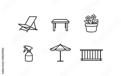 Collection of simple line art icons representing outdoor living and garden items