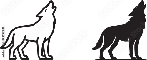  Wolf line and glyph icons set, wild animal silhouette symbols for nature and wildlife design.