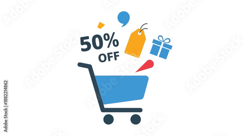 shopping cart with discount offer and colorful promotional icons floating