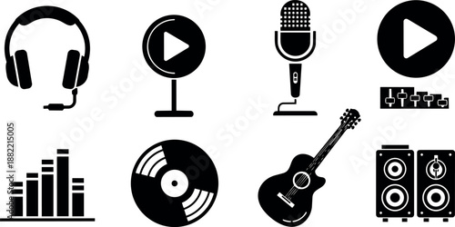 Black silhouette set of music icons including headphone microphone guitar vinyl record speaker sound mixer player buttons vector art