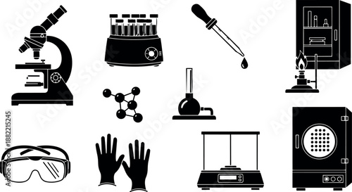 Black silhouette laboratory equipment set with microscope, test tubes, pipette, bunsen burner, gloves, goggles, molecular model, and heating apparatus vector icons