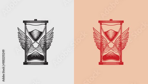 Old hourglass with wings as symbol of flying time. Mason or illuminati symbol in old vintage style. hand drawn engraving. 