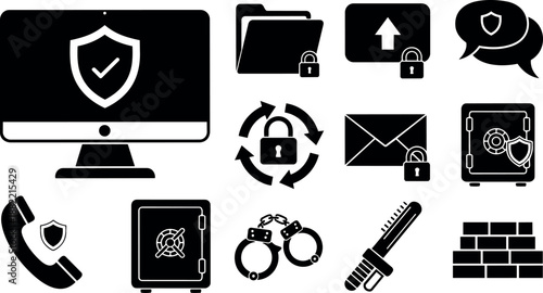 Black security icons set including computer shield, locked files, upload protection, message security, phone shield, safes and handcuffs in vector format