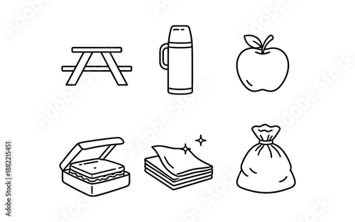 Collection of simple line art icons representing picnic essentials and food items
