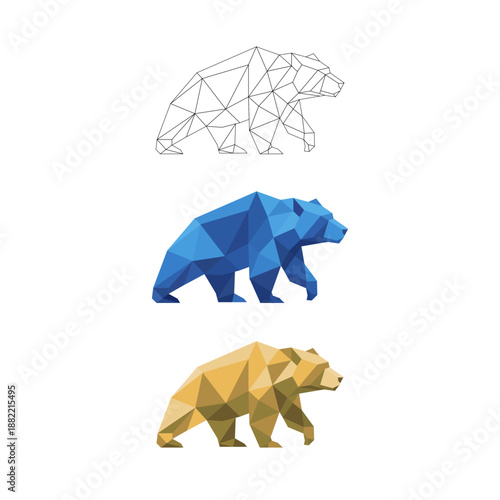 Low Poly Bear Illustration Set with Wireframe and Polygon Styles