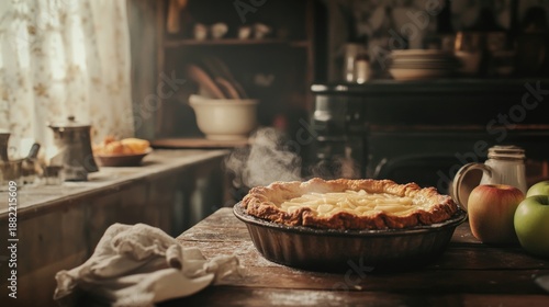 Rustic apple pie with steam, surrounded by vintage props, evokes warmth and nostalgia.