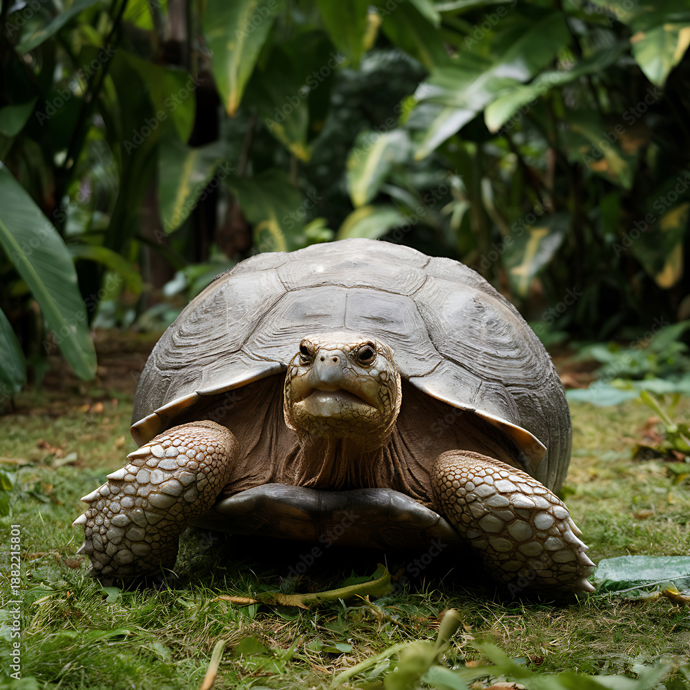 Fototapeta premium Giant Tortoise Gazing Forward in a Verdant Jungle Setting