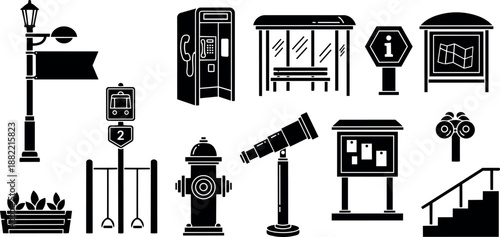 Black silhouette vector set of public urban objects including lamp post sign, telephone booth, bus stop shelter, fire hydrant, and information stands
