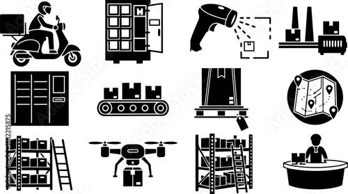 Black silhouette icons set of logistics transport delivery drone conveyor belt shelves factory scanner map and warehouse worker at desk
