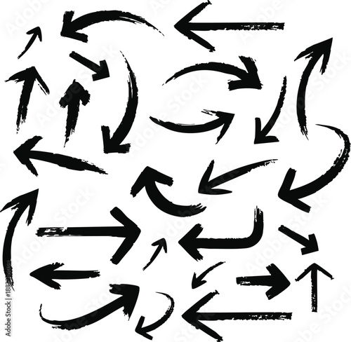 A chaotic arrangement of black arrows on a white background