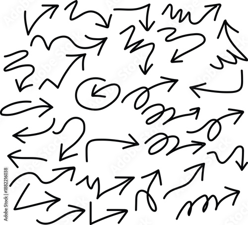 A chaotic arrangement of hand drawn arrows on a white background