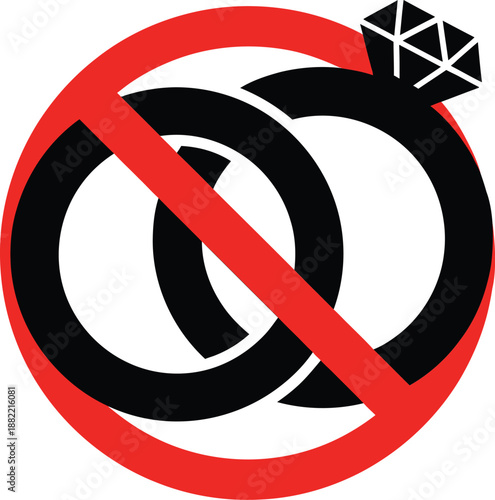 No marriage sign with interlocked wedding rings and diamond crossed out by red circle and slash symbol