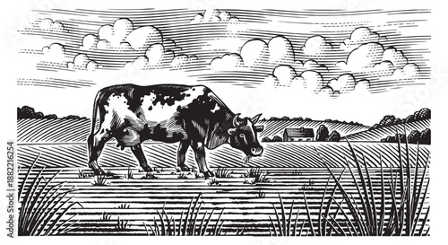 A cow on a Rustic meadow hand drawn village landscape illustration with fields. Beautiful scentic view for milk, cheese farm products. Eco food.