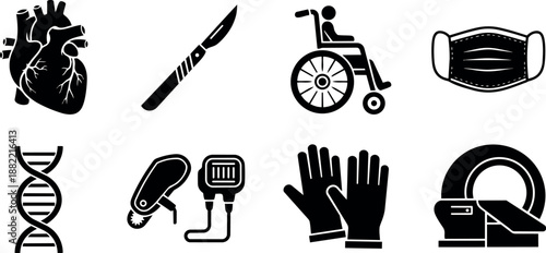 Black silhouette medical icons set with detailed heart dna microscope gloves mask and wheelchair vector art