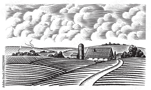 Rustic meadow hand drawn village landscape illustrations with fields, house and windmill. Beautiful rural scentic farm view for milk, cheese farm products. Eco natural food engraving.
