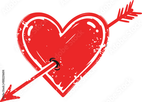 Distressed red heart pierced by cupids arrow, grunge style graphic element